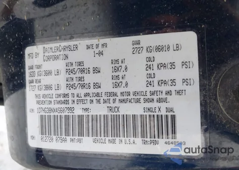 2004 Dodge Dakota Sport/Sxt from USA, damaged, VIN 1D7HG38NX4S607992